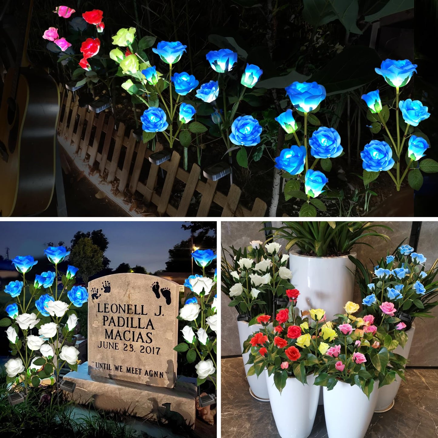 Etre Jeune Solar Garden Flower Lights Outdoor with More Realistic 10 Rose Waterproof for Outside Patio Yard Pathway Decorations, 2 Pack Blue
