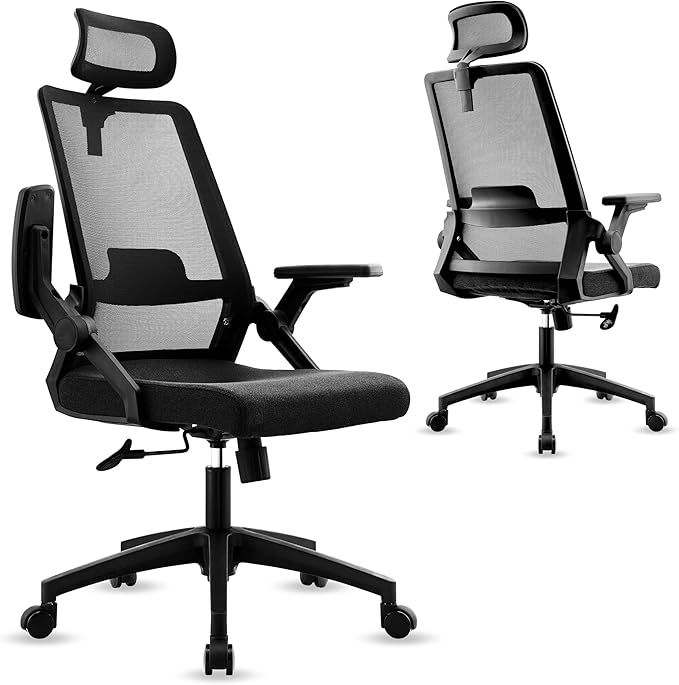 Msdizuo Office Chair Ergonomic Desk Chair, 350LBS Capacity, High Back Computer Chair for Long Hours Comfortable, Rolling Swivel Executive Task Chair for Home Office with Flip-up Armrests,（mesh,Black）