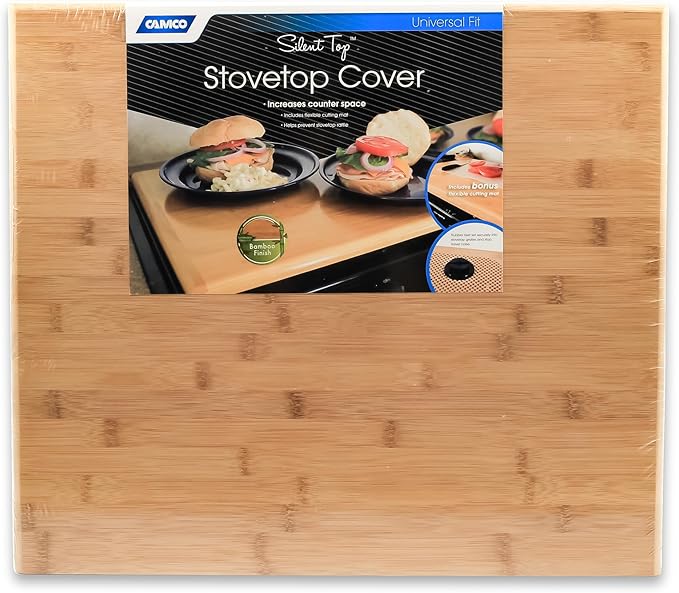 Camco Silent Top RV Stovetop Cover - Features Natural Bamboo Design w/Non-Toxic Protective Finish & 4 Non-Slip Rubber Feet...