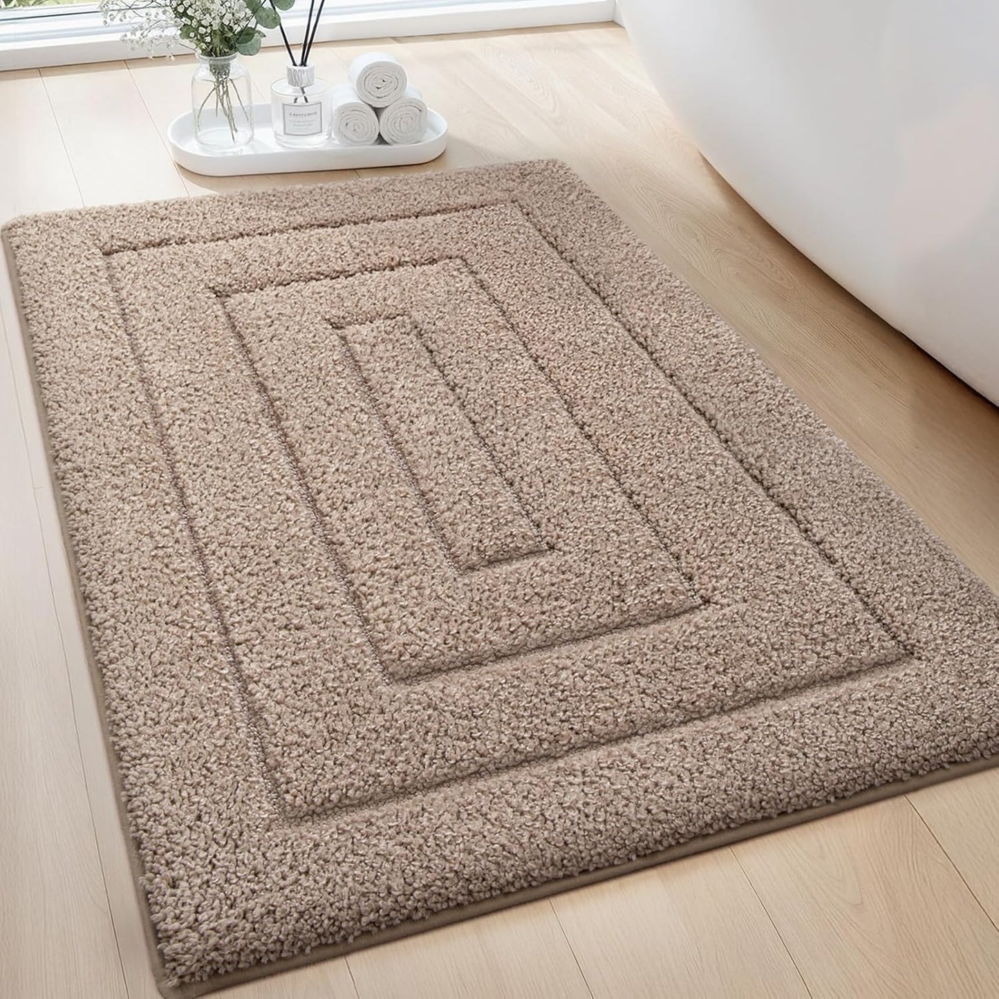 Color&Geometry Bathroom Rugs 30"x17" Non Slip with Rubber Backing,Absorbent Washable Bath Mat Quick Dry Bath Mat for Bathroom,Soft Bathmat Microfiber Plush Carpet for Bathtub and Shower Floor,Tan