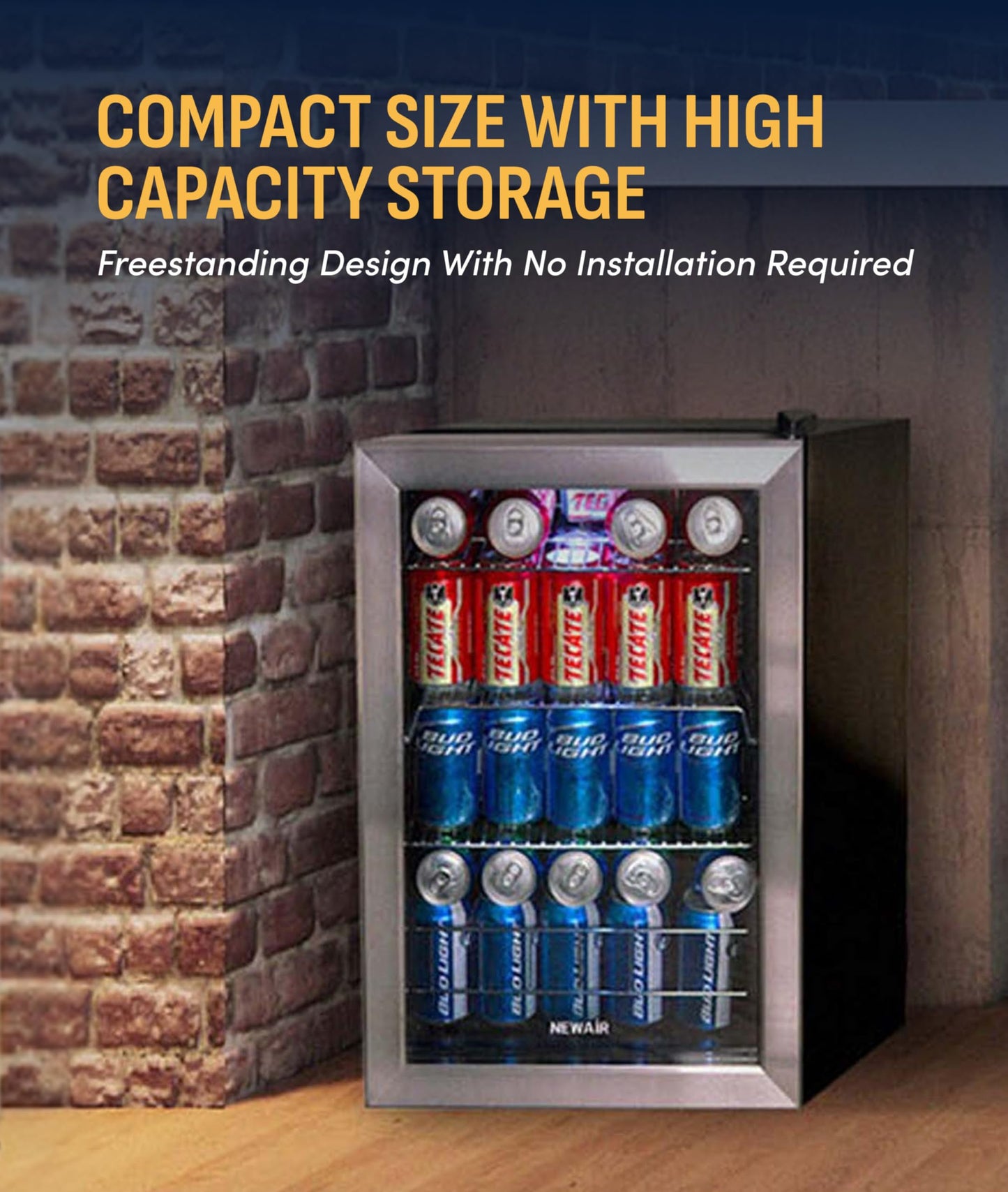NewAir 90 Can Beverage Refrigerator | 17” Freestanding Small Mini Fridge for Bedroom, Home Bar or Office | Quiet Compressor Cooling & Adjustable Shelves | Stainless Steel