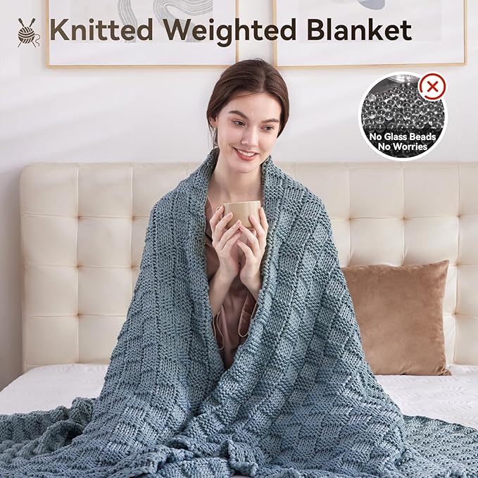 Knitted Weighted Blanket for Adult, No Beads Heavy Blanket 48” x 72'' 12lbs, Breathable Chunky Knit Blanket, Cooling Weighted Blanket for Hot Sleepers, Christmas Home Decor (Light Blue)