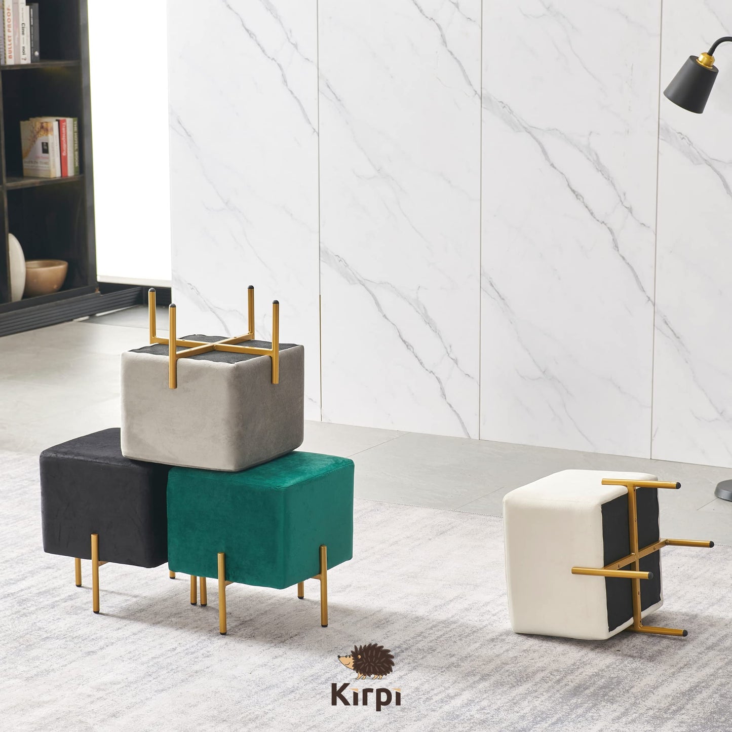 Kirpi Velvet Ottoman Set of 2, Cream Modern Gold Vanity Stool Square, Contemporary Foot Stool Ottoman, Upholstered Cube Foot Rest with Gold Metal Legs