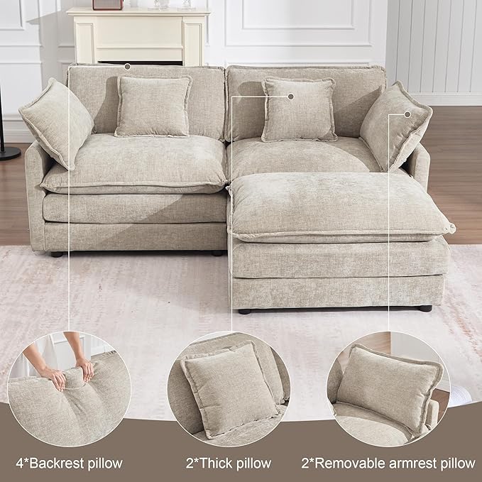 KIVENJAJA Chenille L-Shaped Modular Sectional Sofa, Modern Loveseat Comfy Deep Seat Cloud Couch with Ottoman/Chaise & 4 Pillows for Living Room Office Apartment, 76.7" W, Light Camel