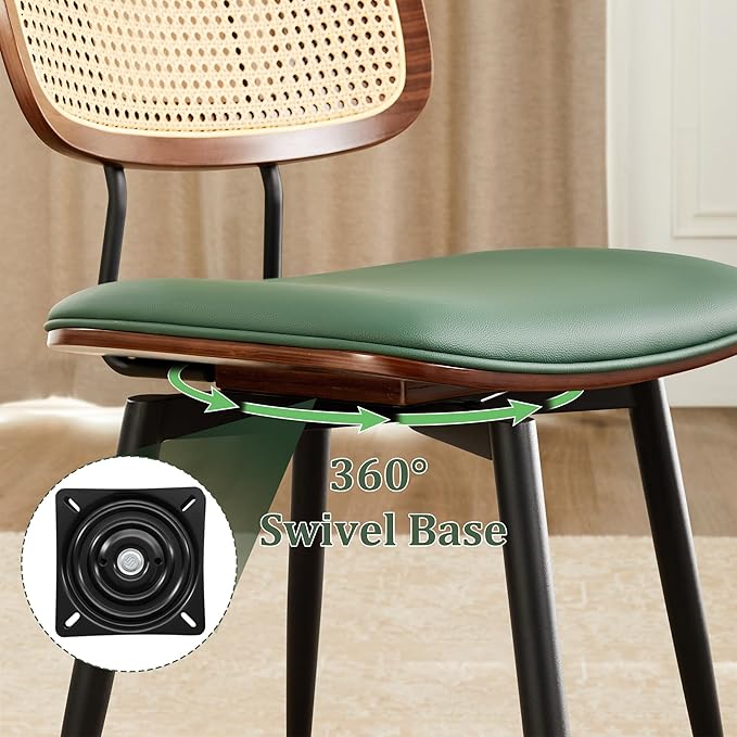 Quenvo Dining Chairs with Rattan Back, Modern Green Leather Dining Chairs Set of 4, Swivel Dining Room Chairs Kitchen Side Chairs with Metal Legs and Upholstered Seat for Kitchen & Living Room