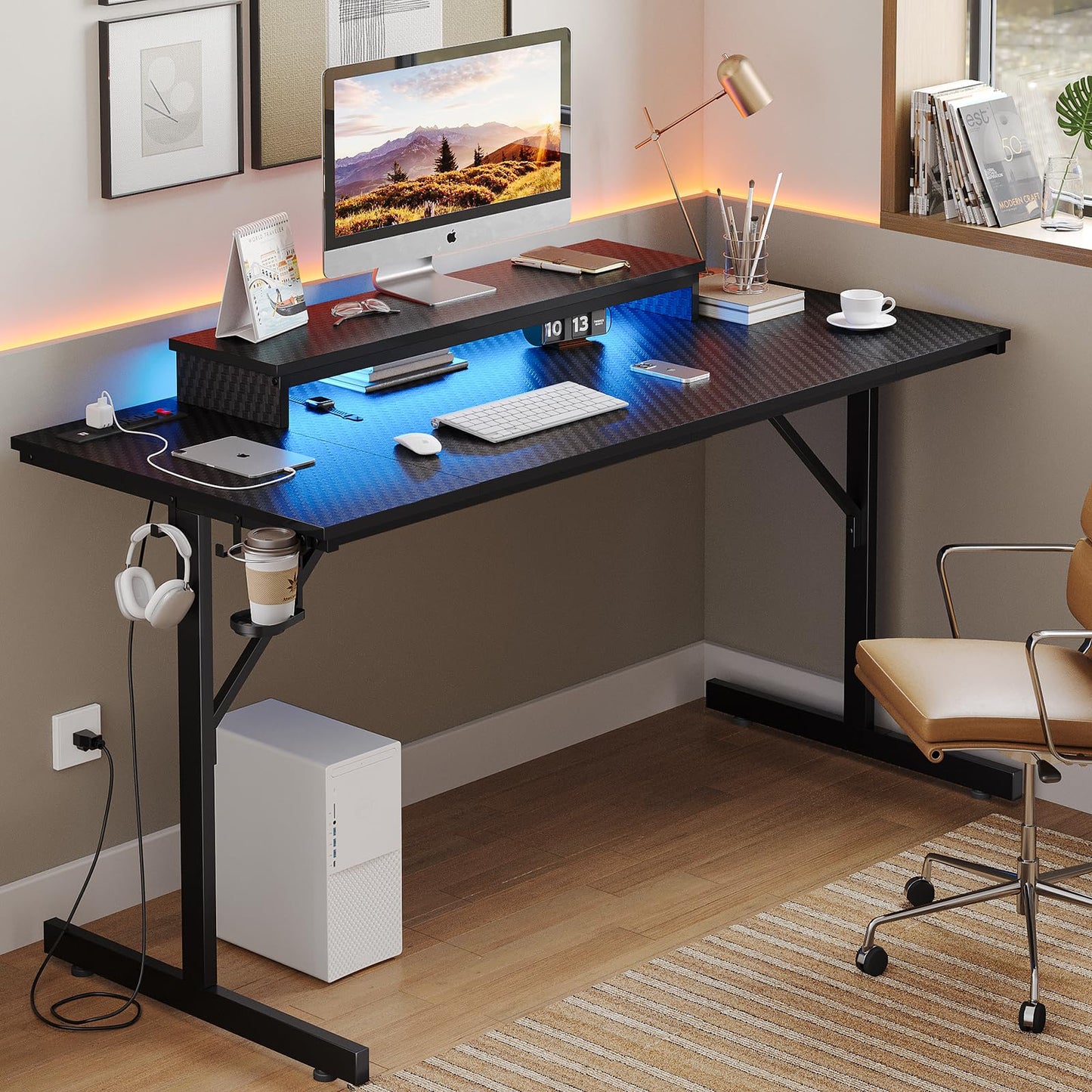 Bestier 52 inch Gaming Desk with LED Lights & Power Outlets, Computer Gaming Table with Float Monitor Stand, Kids Boys Desk with Black Carbon Fiber Texture