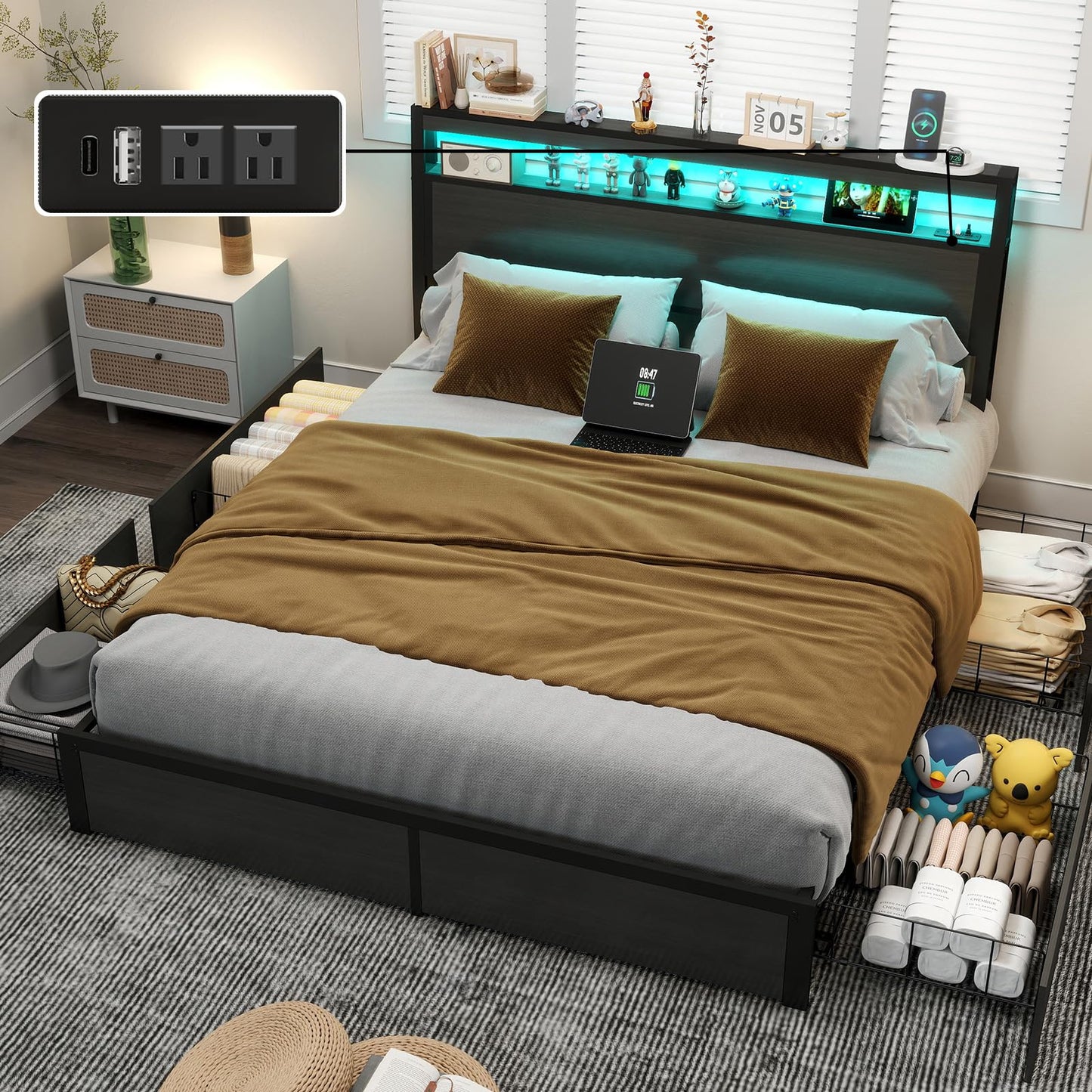 EVBFORU Queen Bed Frame with Storage Headboard and 4 Drawers, Metal Platform Bed Frame with LED Light, Charging Station, No Box Spring Needed, Noise Free, Easy Assembly, Rustic Grey