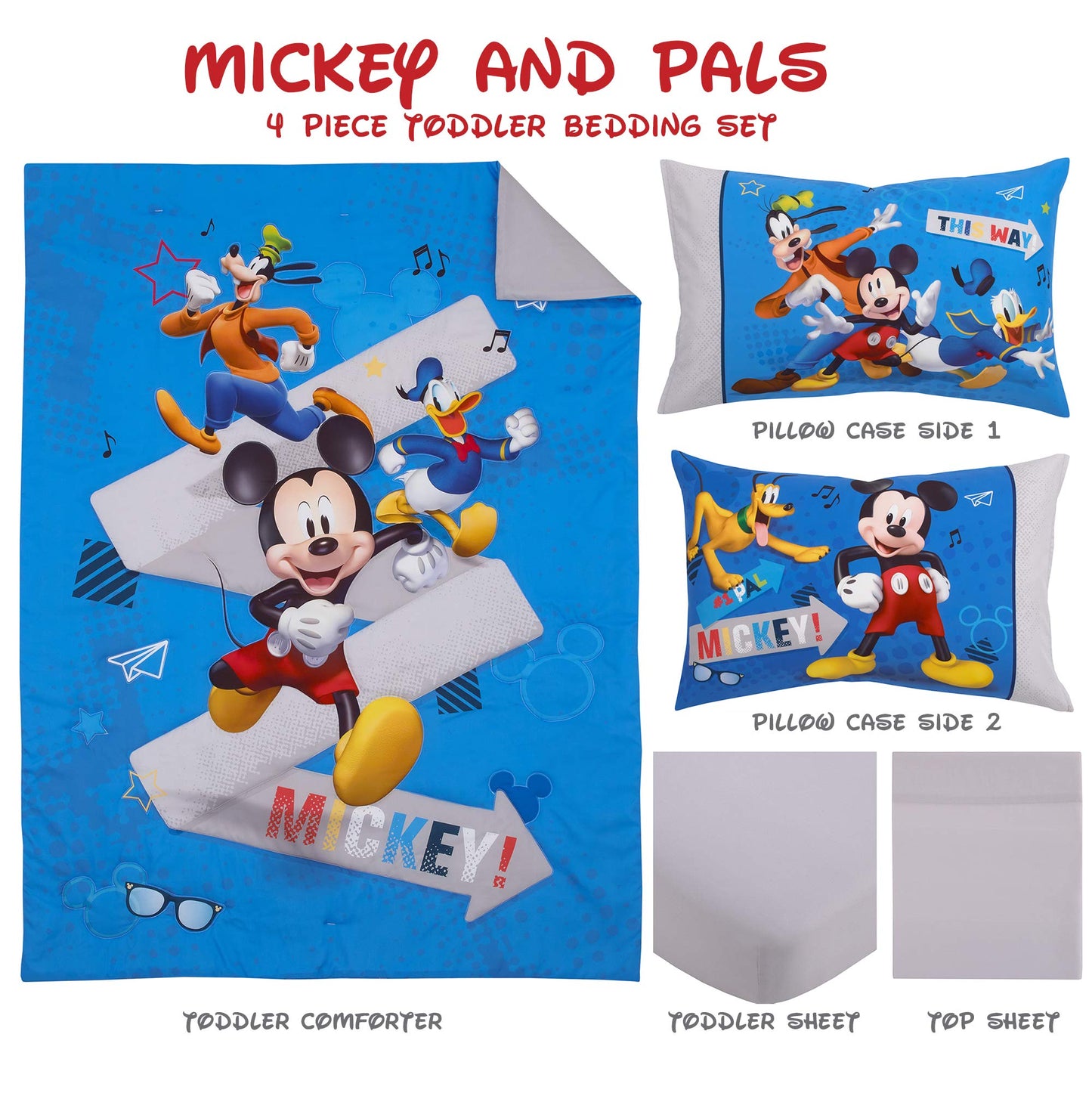 Disney Mickey Mouse Toddler Bed Set | 4 Piece Bedding Set | Fitted Sheet, Pillow Case, Top Sheet, and Comforter Quilt - Blue