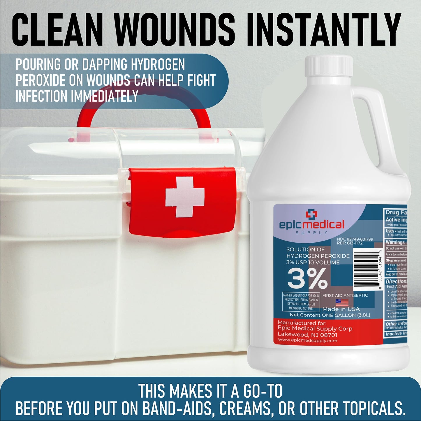 Epic Medical Supply 3% Hydrogen Peroxide - First Aid Antiseptic & Multipurpose Cleaner - Topical Wash for Cuts, Scrapes and Minor Cuts - H2O2 Hydrogen Peroxide 3 Percent USP Solution (1 Gallon)