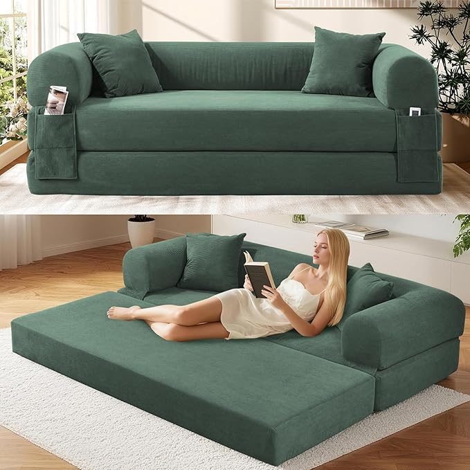 GJQ Convertible Futon Sofa Bed,80" Folding Pull Out Couch Bed with Storage,Queen Sleeper Sofa Bed,Compressed Couch in a Box,Corduroy Boneless Couches for Living Room,Light Green