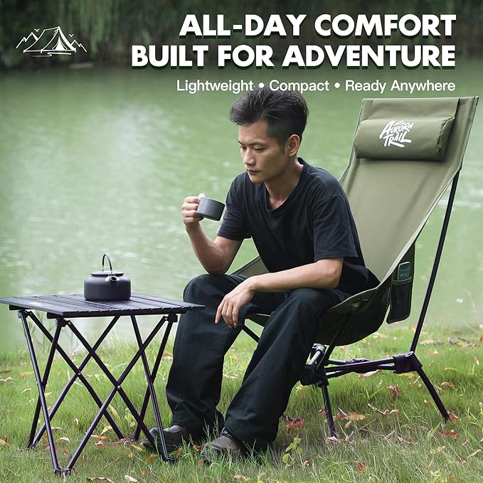 AuroraTrail High Back Folding Camping Chair with Pillow – Lightweight Portable Outdoor Chair with Cup Holder & Carry Bag, Sturdy Aluminum Frame Supports up to 374 lb for Camping, Hiking & Festivals