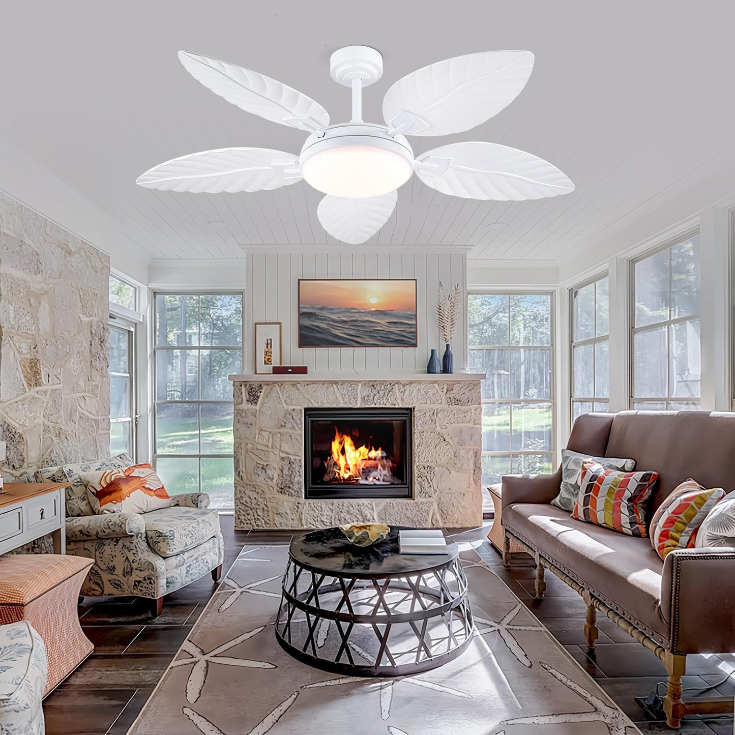 PHORUS 52" Palm Leaf Ceiling Fan with Lights, White Tropical Outdoor Ceiling Fan with Remote/APP for Bedroom Patio,Dimmable 3 Colors 6 Speeds