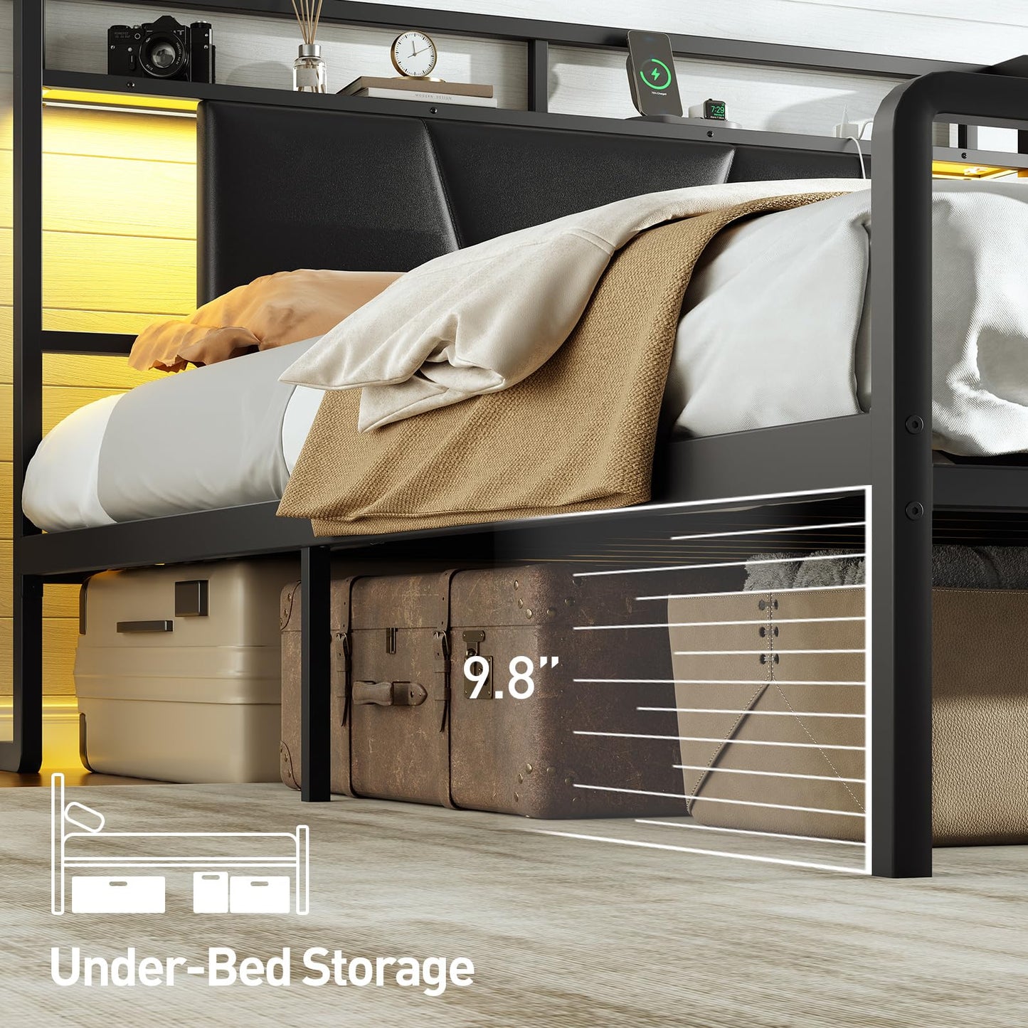 RALGEND Queen Bed Frame with Upholstered Headboard, LED Bed Frame with Charging Station, Metal Platform Bed with Under Bed Storage, No Box Spring Needed, Noise Free, Easy Assembly, Black