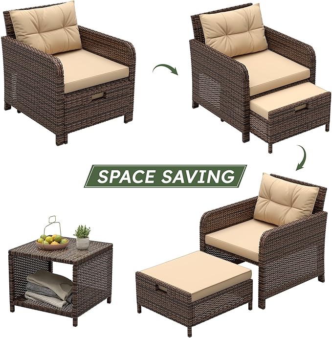 LHBcraft 5 Pieces Patio Set, PE Rattan Patio Conversation Set with Soft Cushions & Coffee Table, Outdoor Chairs with Hidden Ottoman for Porch, Lawn, Garden, Balcony, Brown