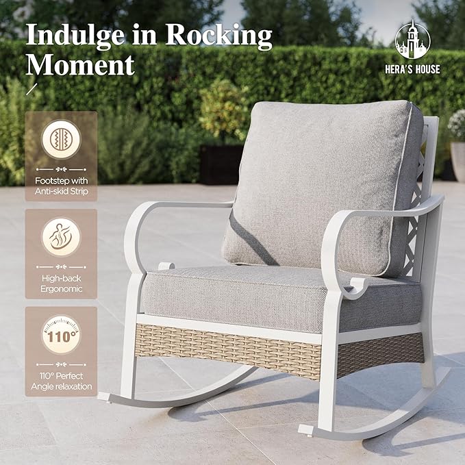 HERA'S HOUSE 4-Piece Patio Furniture Set with Metal & Rattan Design, Includes 2 Rocking Chairs, 3-Seat Sofa & Marble Coffee Table, All-Weather Outdoor Conversation Set for Garden Backyard, Grey