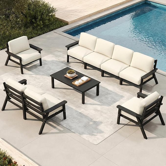 Patio Kingdom Patio Furniture Set 8 Seats, HDPE Outdoor Sectional with Beige Washable Thick Cushions, Coffee Table, Patio Conversation Sets for Lawn, Garden, Porch, Balcony, Deck (Black Frame)