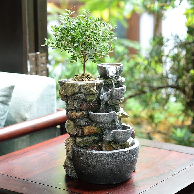 Haobos Indoor Fountain 4-Bowl Rockery Soothing Sound Tabletop Fountains Home/Office Decor Gift for Mom,Mother Day Present ...