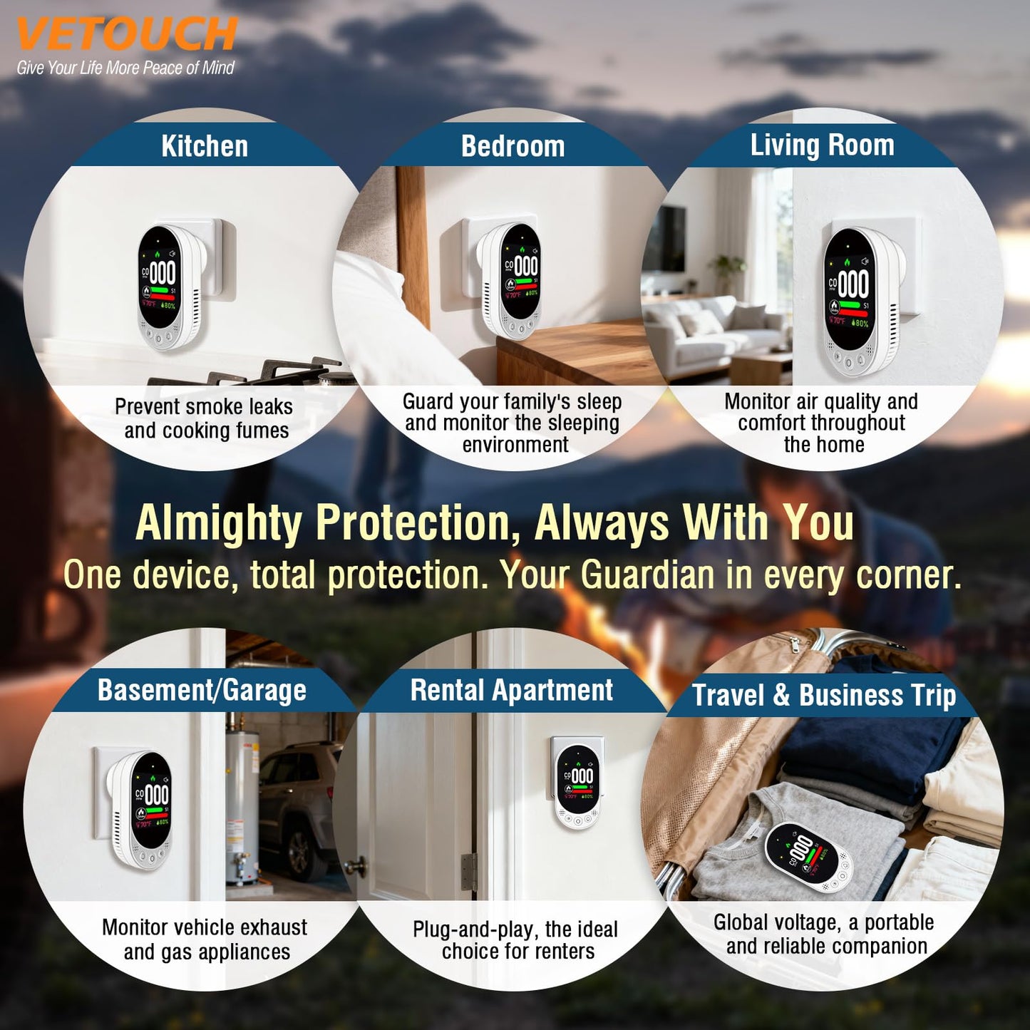 VETOUCH 4-in-1 Plug-in Smoke & Carbon Monoxide Alarms with Digital Display Monitors CO, Smoke, Temperature, Humidity, 85dB Loud Alarm, Self-Test, Adjustable Sensitivity, for Home, Kitchen, RV