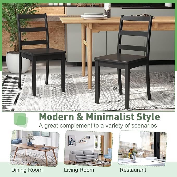 Giantex Wood Dining Chairs Set of 2 Black- Wooden Armless Kitchen Chairs with Solid Rubber Wood Legs, Non-Slip Foot Pads, Max Load 400 Lbs, Farmhouse Style High Ladder Back Wooden Dining Room Chairs