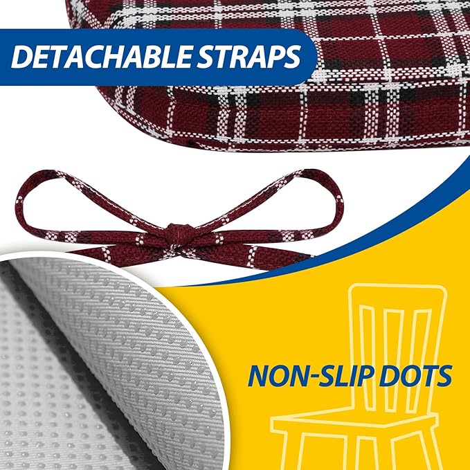 AAAAAcessories D-Shaped Chair Cushions, 2" Thick Dining Chair Pads with Ties and Removable, Machine-Washable Cover, 17" x 16", Set of 6, Red Checkered
