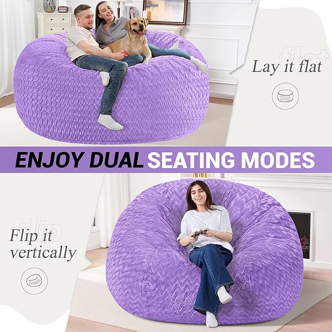 6FT Bean Bag Chair,Giant Bean Bag Chairs for Adults,Big Bean Bags with Memory Foam Filled, Large Beanbag Chairs with Chevron Plush Cover-Purple