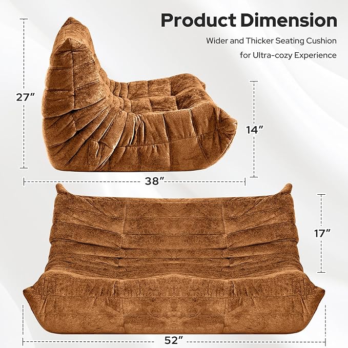 HABUTWAY Bean Bag Chair, Giant Bean Bag Chairs for Adults, Loveseat Fireside Chair, 2 Seater Lazy Bean Bag Sofa Memory Foam Couch for Living Room, Bedroom, Office (Brown)