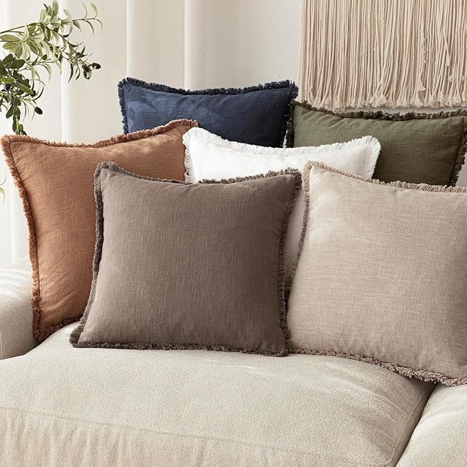 Foindtower Set of 2 Decorative Linen Fringe Lumbar Throw Pillow Covers Boho Farmhouse Cushion Cover with Tassels Accent Pillowcase for Couch Sofa Bed Living Room Home Decor,12×24 Inch,Light Coffee
