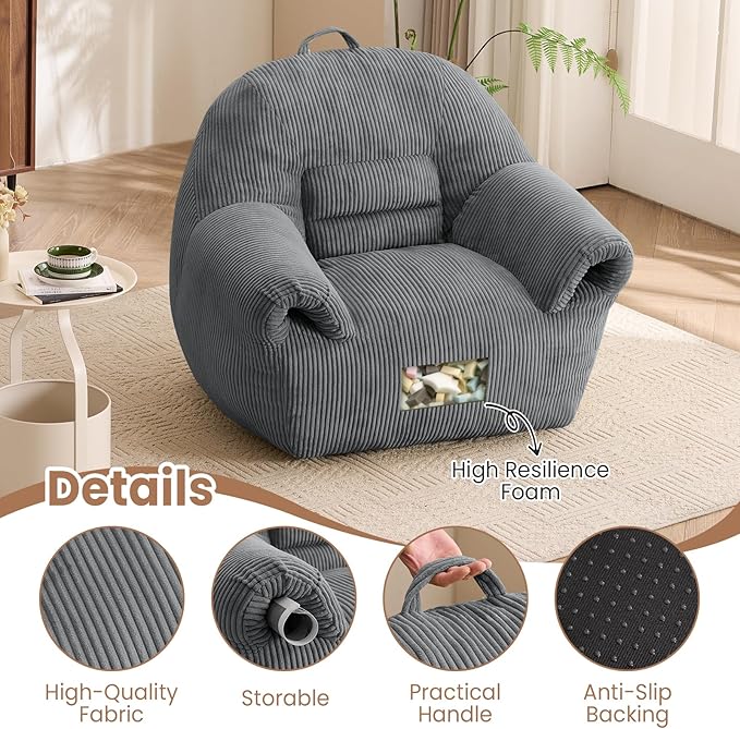 Peace nest Bean Bag Chair with Memory Foam Filled Ultra Soft Corduroy Cover for Adults Comfy Fur Bean Bag Chairs with Armrests for Bedroom Living Room Office Dorm Reading Grey