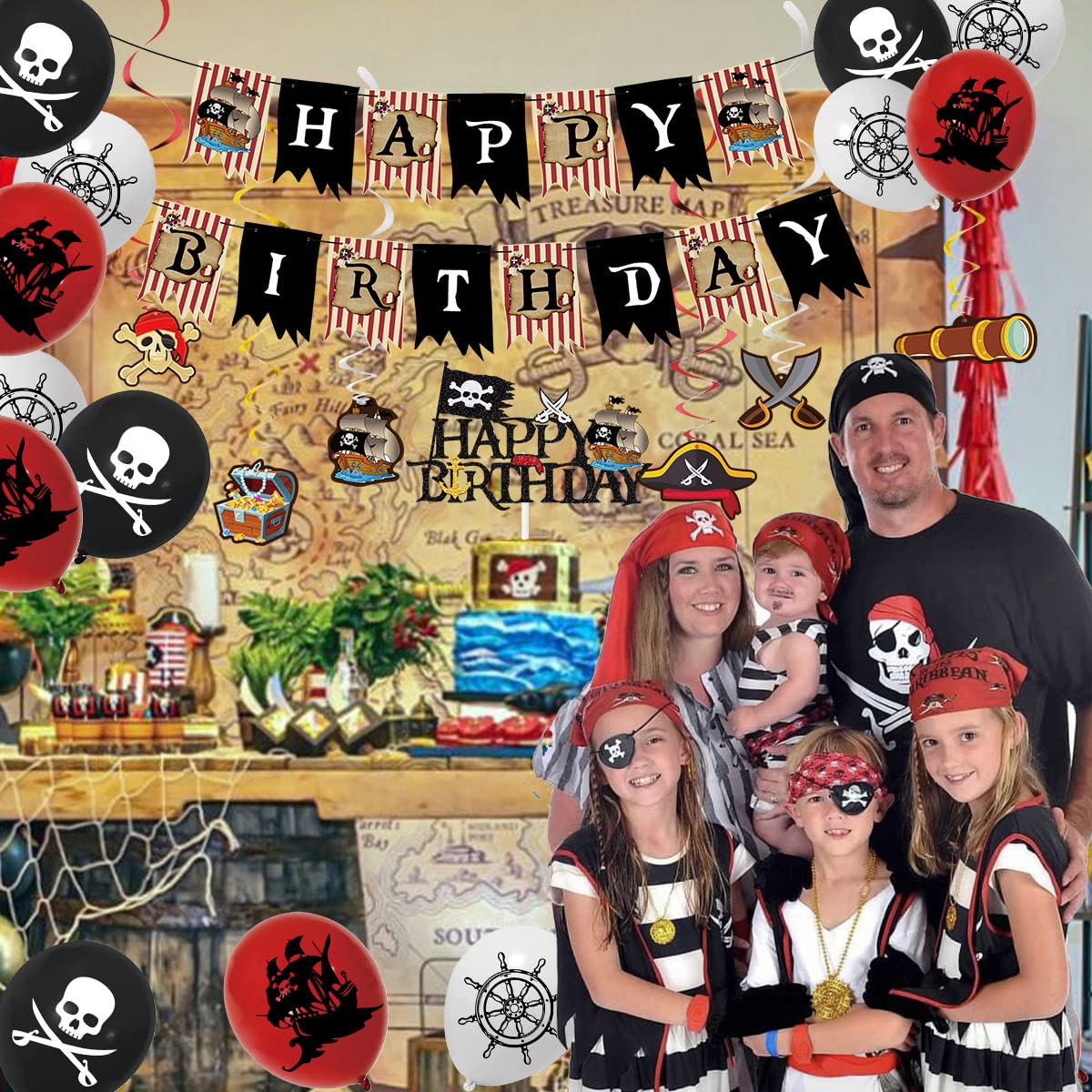 Pirate Party Decorations - Pirate Birthday Banner, Balloons, Cake Toppers & Hanging Swirls for Men, Boys & Kids