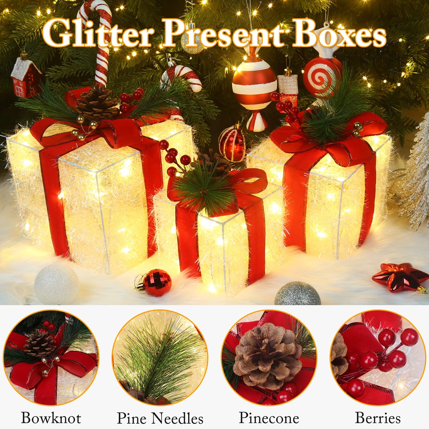 Elegear Christmas Lighted Gift Boxes, Christmas Decorations Indoor 8 Modes & Timer Function Set of 3 Plug-in Light Up Present Boxes with 60 LEDs Christmas Decor with Pine Cones for Holiday Party Xmas