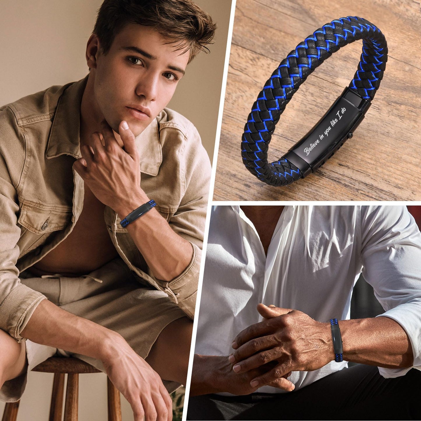 VNOX Leather Bracelet Gift for Men丨Personalized Believe in you like I do(Inside) Mens Braided Leather Cuff Bangle, Christmas Graduation Gifts for Son Brother from Mom Dad Sister