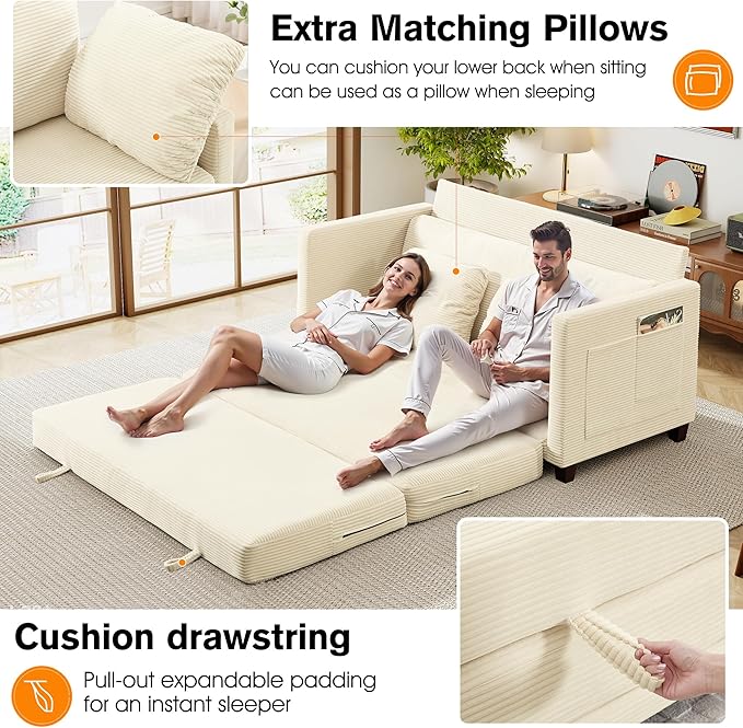 kakuboohi 65" Loveseat Sleeper Sofa Bed, Corduroy Convertible Sofa Bed for Small Spaces, Folding Couch Bed with Deep Seat, 2 Pillows & Solid Frame, Pull Out Floor Couches for Living Room, Beige