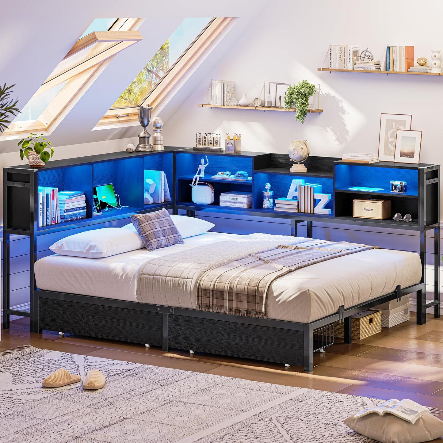 Hasuit Full Corner Bed Frame with Storage Bookcase, Full Size Daybed with 2 Underneath Storage Drawers, Kids Bed Unit with Charging Station and LED Light, Modern Teenagers Bedframe, Black