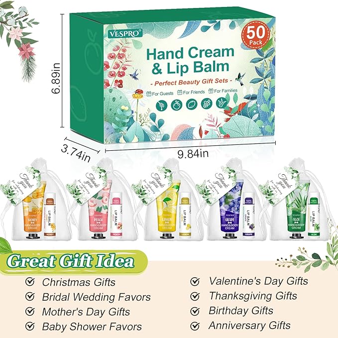 50 Sets Bulk Hand Cream and Bulk Lip Balm, Valentines Day Gifts for Her, Mothers Day Gifts, Bridal Shower Favors for Guests with Thank Card Organza Bags, Wedding Favors, Teacher and Nurse Gift