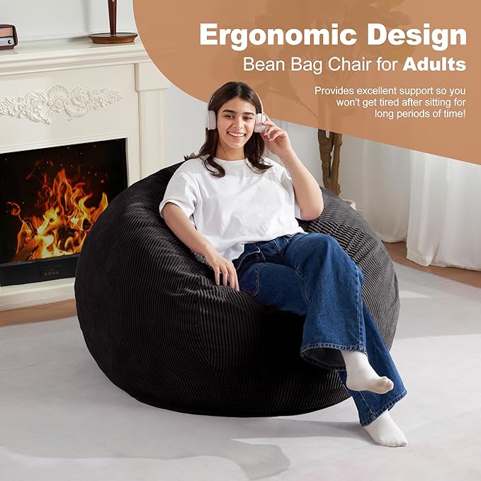 Homguava 3FT Bean Bag Chair: Teardrop Bean Bags with Memory Foam Filled, Compact Beanbag Chairs Soft Sofa with Corduroy Cover (Black)