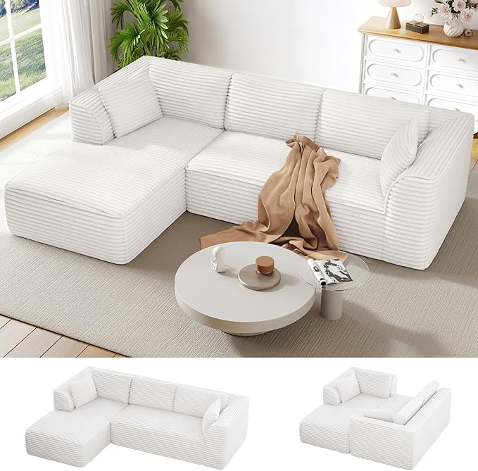 Vesgantti 106" Boneless Couch with Chaise, Deep Seat Comfy Cloud Modular Sofa Corduroy Memory Foam Sectional Couches for Living Room Bedroom, No Assembly Required (Beige, Left-Facing Chaise)