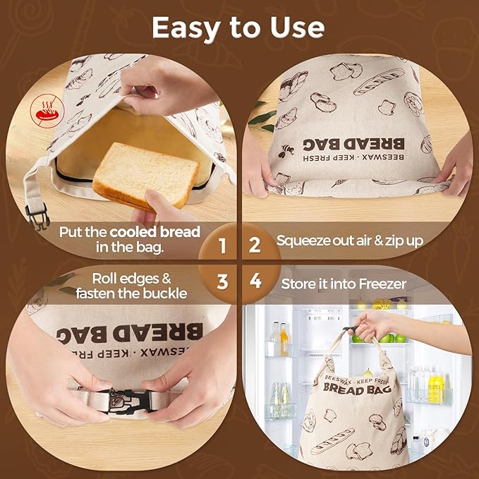 YARRAMATE Beeswax Bread Bags for Homemade Sourdough, Zipper Reusable Linen Food Storage Bags to Keep Loaf Fresh, Large Freezer Safe and Eco Friendly Bread Containers (17x13", 2 Pack)
