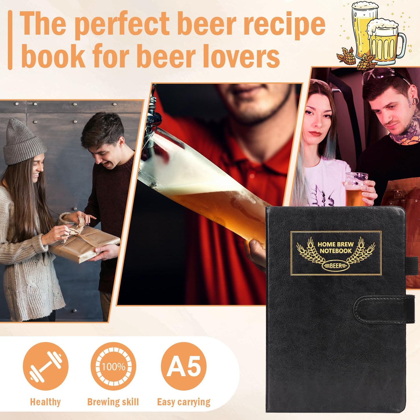 DOSTATNI Home Brew Notebook Leather Beer Recipe Book With Magnetic Buckle 5.8’’ x 8.3’’ Beer Making Book Craft Beer Gifts 70 Pages Beer Tasting Journal for Homebrewers Craft Beer Enthusiasts