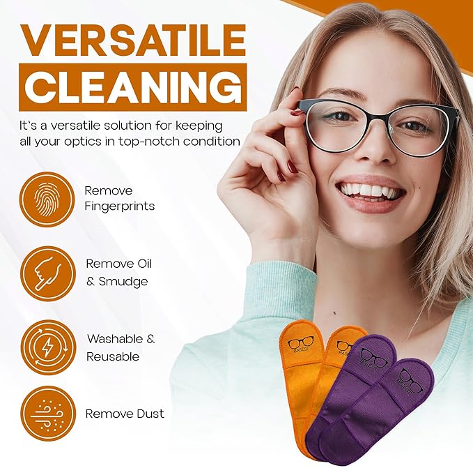 Eyeglass Cleaner Cloth 4 Pack, Eye Glasses Cleaner Wipes, Lens Cleaner, Anti-Scratch, Screen Cleaning Cloth, Eyeglass Cleaning Cloth, Lens Cloth, Eye Glasses Cleaner Cloth (Orange/Purple)