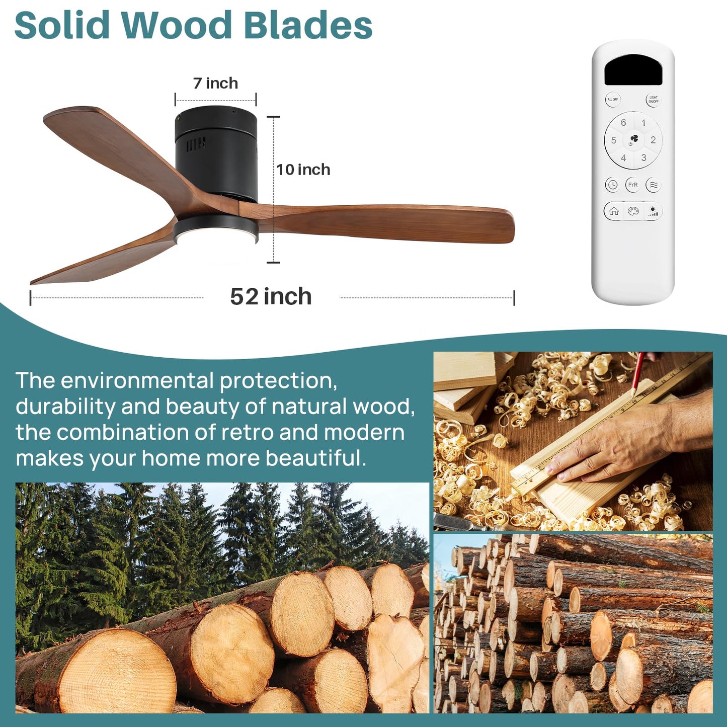 Sofucor Ceiling Fans with Lights 52 Inch Flush Mount Ceiling Fan with Remote Control, Wood Blades Modern Outdoor Ceiling Fans for Bedroom/Farmhouse/Patio/Indoor, Quiet DC Motor
