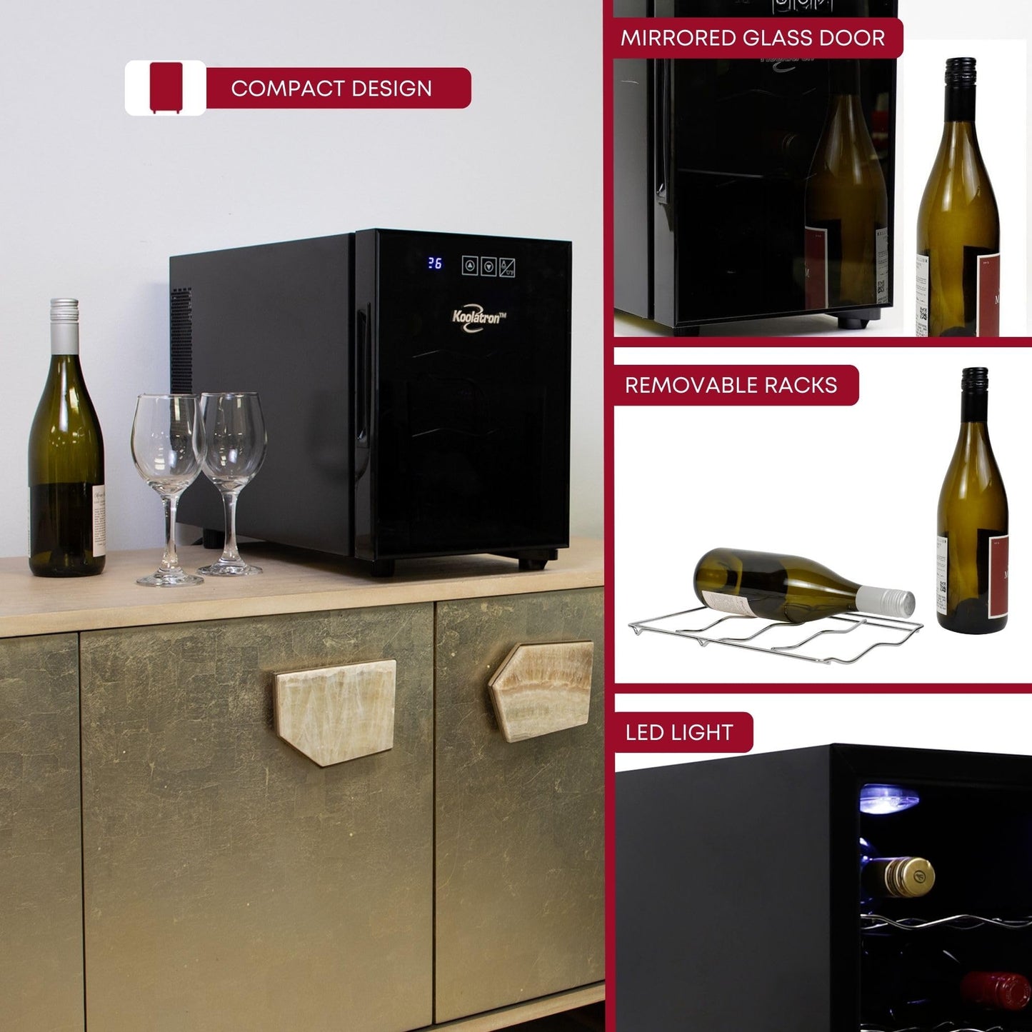 Koolatron Wine Fridge - Wine Cooler, 6 Bottle Wine Cabinet for Champagne, Red & White Wine, Freestanding Cellar For Bar, Home, Small Kitchen, Double Paned Glass Door