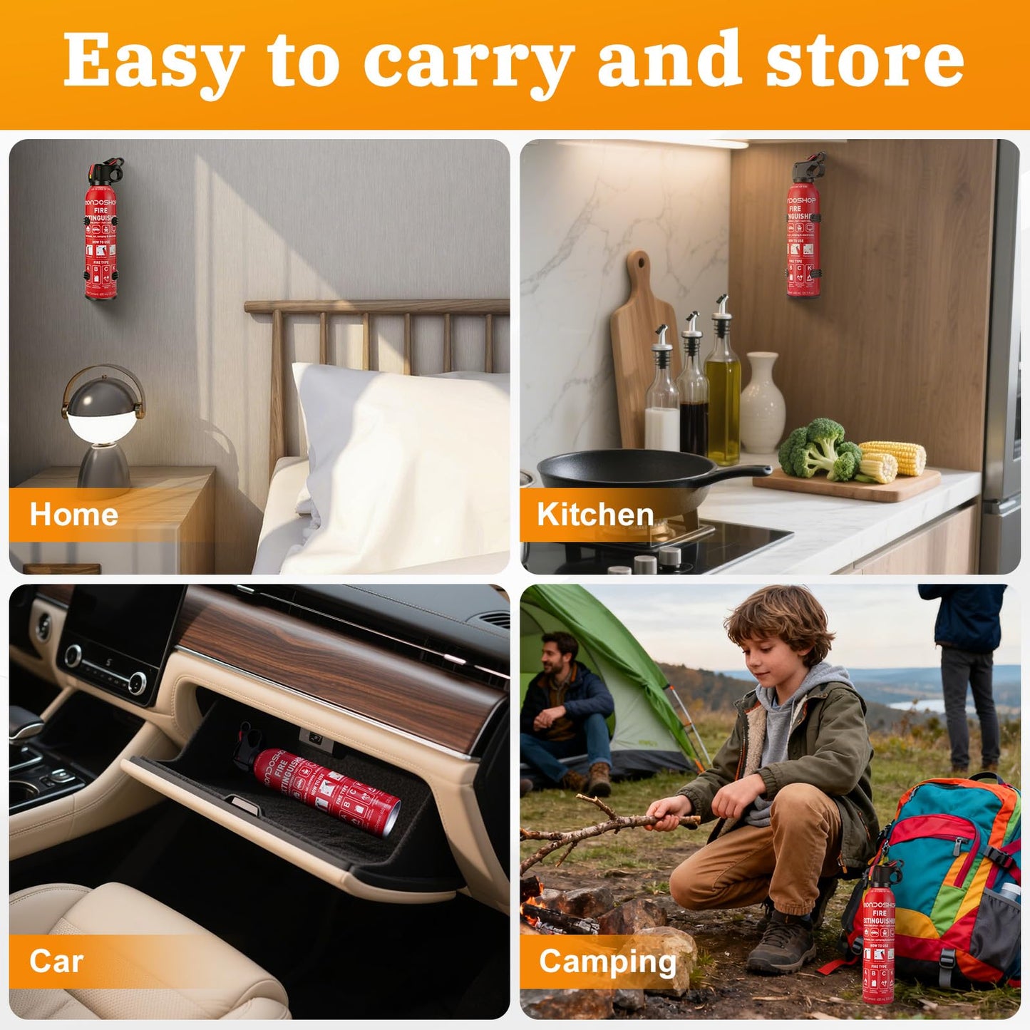 Fire Extinguisher for Home and Vehicle - Mondoshop 4-Pack Water-Based Portable Fire Extinguisher with Mount for A, B, C, K Fire, Suitable for Vehicle, Kitchen, Home, Car, Boat, Camping, Business