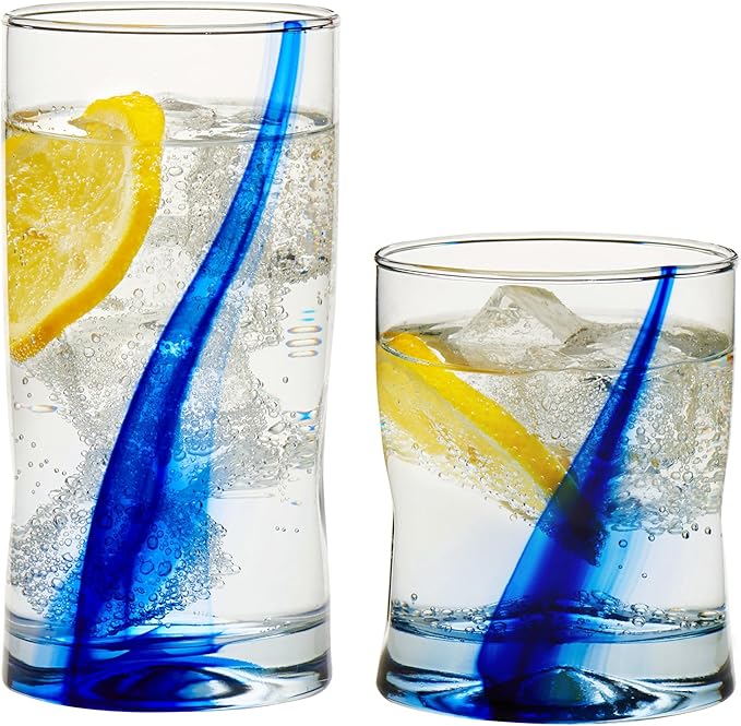 Libbey Blue Ribbon 16 Piece Tumbler and Rocks Glass Set, Infused Blue Ribbon Drinkware Glasses Set, Artisan Inspired Four-...
