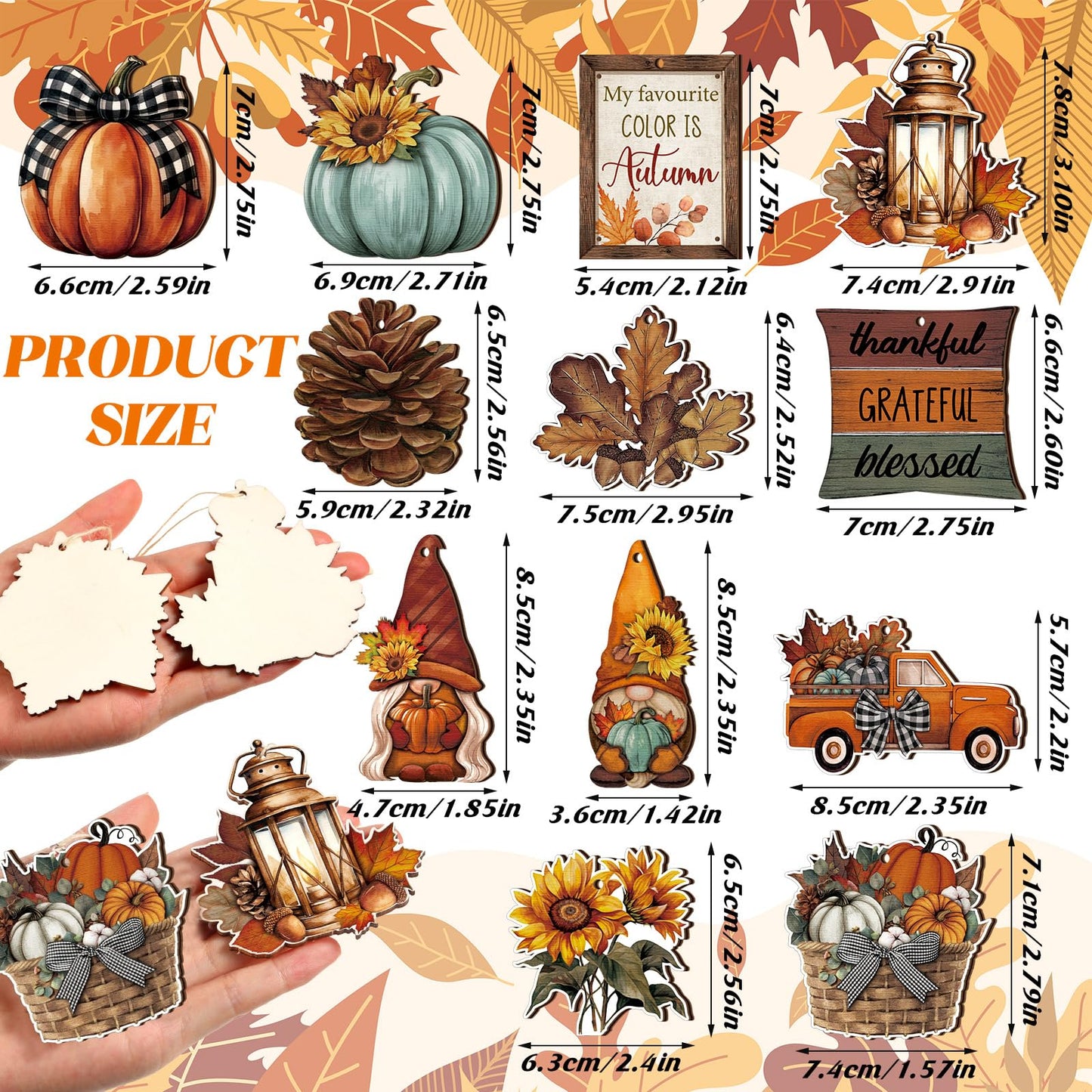 FairySandy 36 Pcs Fall Ornaments for Tree Fall Thanksgiving Tree Decorations Gnomes Wooden Hanging Ornaments Pumpkins Leaves Flowers Cutouts Autumn Decorations for Holiday Party Supply(Classic Style)