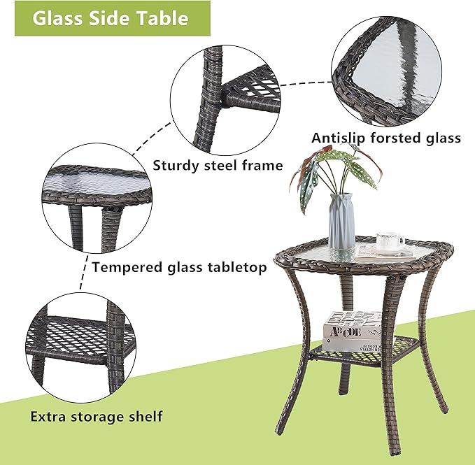 Rilyson Wicker Rocking Chair Swivel Chairs - 3 PC Rocker Patio Furniture Set Rattan Rocking Bistro Sets with Glass Top Side Table for Outdoor Porch Deck Garden Backyard (Mixed Grey/Beige)
