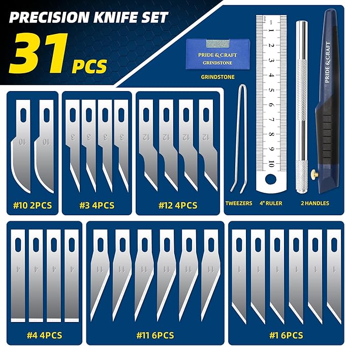 31-Piece Precision Hobby Knife Set for Crafting, Modeling & DIY Projects, Ultra-Sharp SK-Steel Blades for Detail Cutting on Paper, Plastic, Wood, Leather, Foam and Art Materials