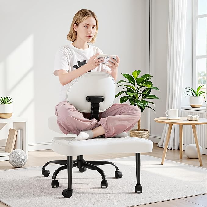 GUNJI Ergonomic Criss Cross Legged Office Chair, 360° Swivel Meditation Kneeling Chair with Wheels, ADHD Chair with Footrest, Lumbar Support, Wider Height Adjustable Seat (Faux Leather, White)