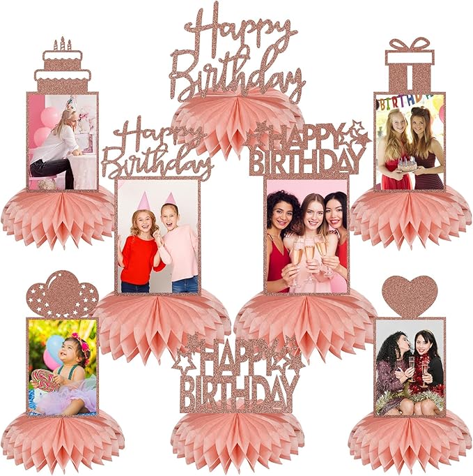 Bumqviy 8Pcs Rose Gold Birthday Decorations Honeycomb Centerpieces for Women Girl, Pink Rose Gold Glitter Birthday Photo T...