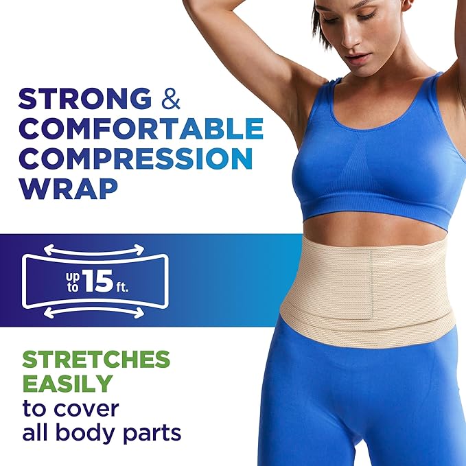 Premium Elastic Bandage Wrap - 6” (2pk) - Strong Compression - Self-Closing Reusable Bandages for Legs, Knee, Abdomen, Lymphedema - Body Wrap
