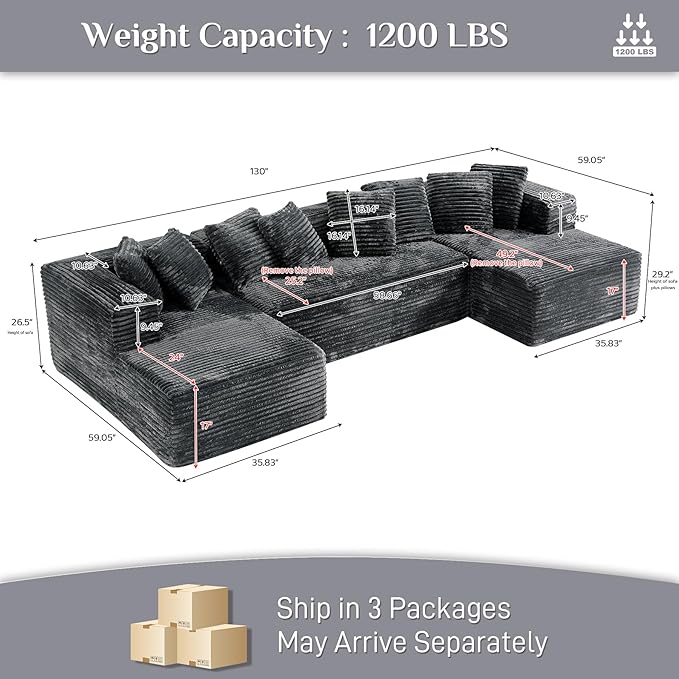 Modular Sectional Sofa, 130" U Shaped Cloud Couch Plush Corduroy Comfy Deep Seat Boneless Sofas with 8 Pillows Double Chaise Lounge Sectional Couches with Memory Foam for Living Room - Dark Grey
